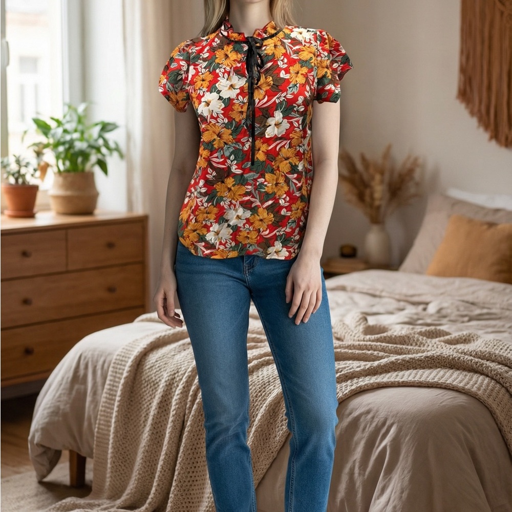 SHEIN Red Floral Blouse with Tie-Neck